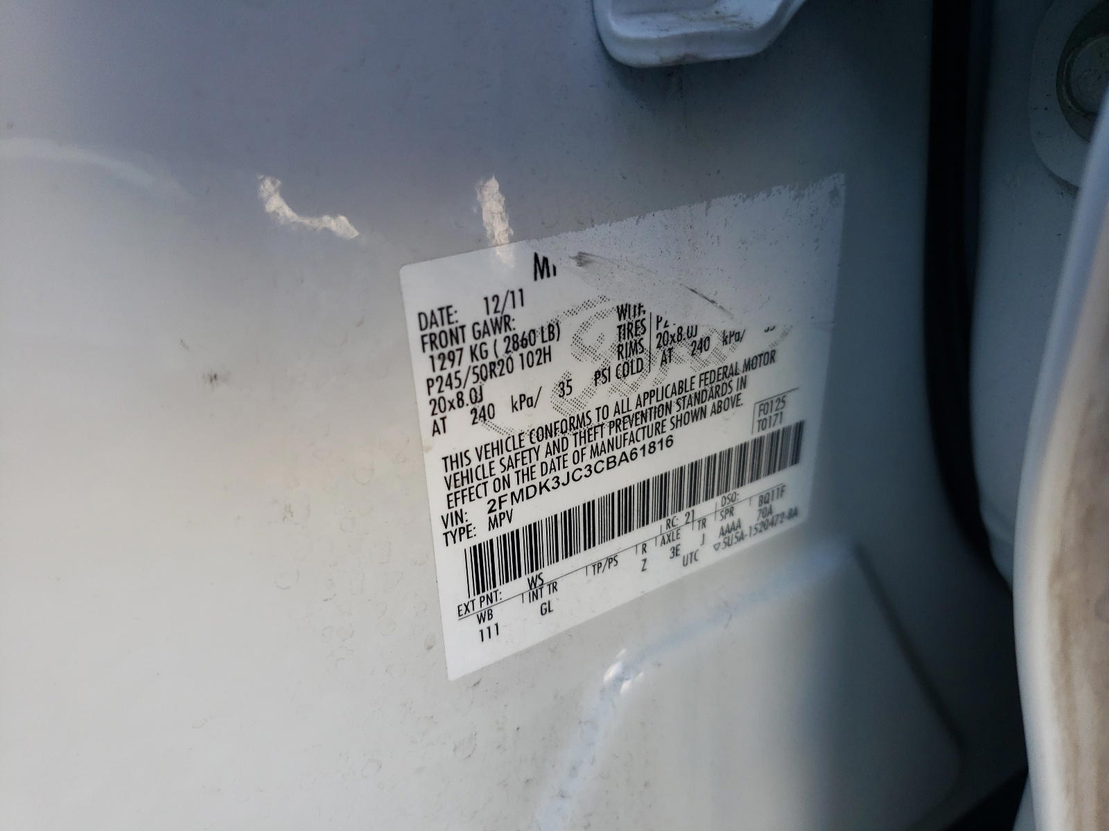 Photo 10 from auction – 2012 FORD EDGE with VIN 2FMDK3JC3CBA61816