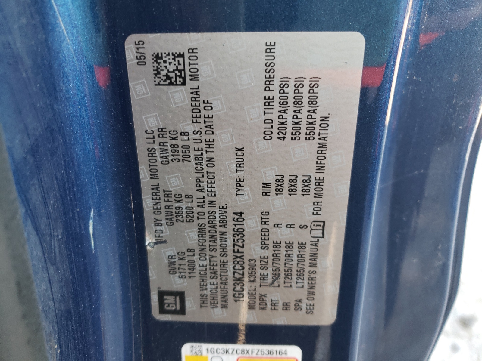 Photo 10 from auction – 2015 CHEVROLET SILVERADO with VIN 1GC3KZC8XFZ536164