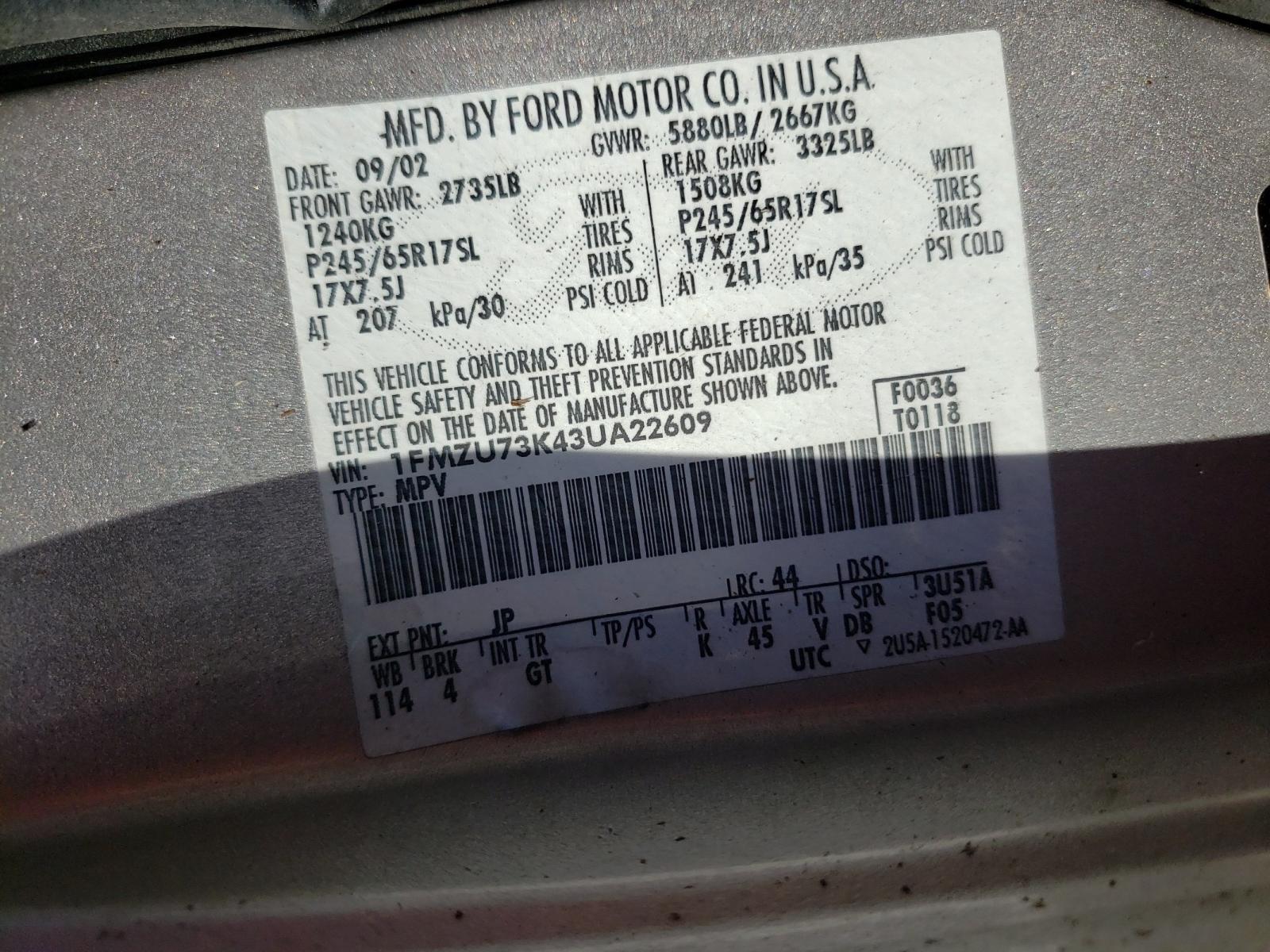 Photo 10 from auction – 2003 FORD EXPLORER X with VIN 1FMZU73K43UA22609