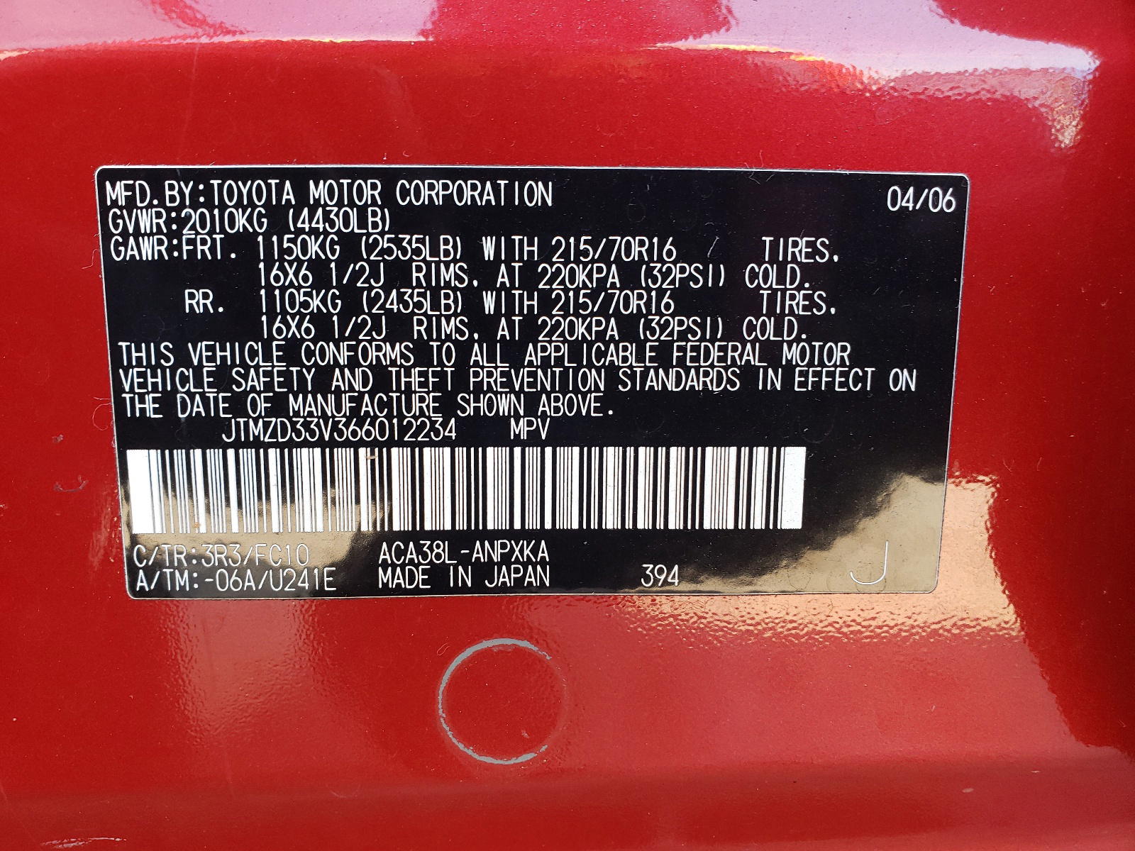 Photo 10 from auction – 2006 TOYOTA RAV4 with VIN JTMZD33V366012234