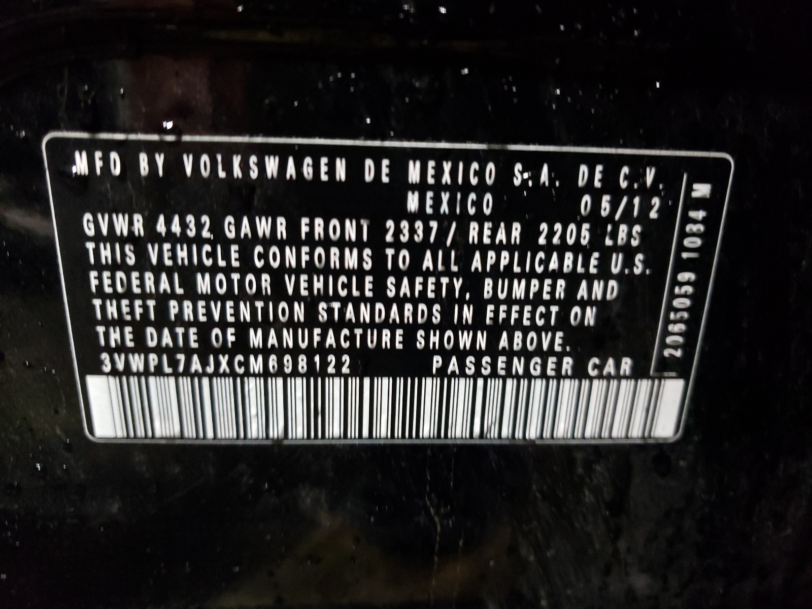 Photo 10 from auction – 2012 VOLKSWAGEN JETTA TDI with VIN 3VWPL7AJXCM698122