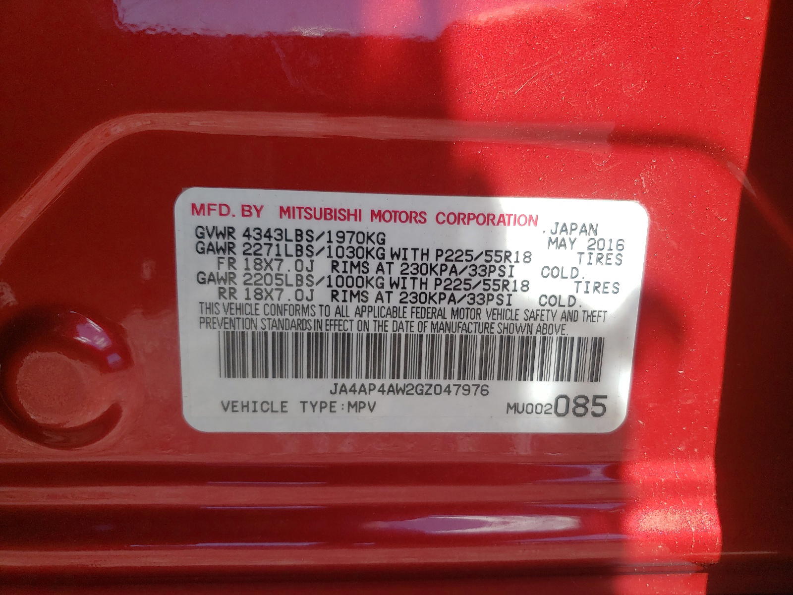 Photo 10 from auction – 2016 MITSUBISHI OUTLANDER with VIN JA4AP4AW2GZ047976