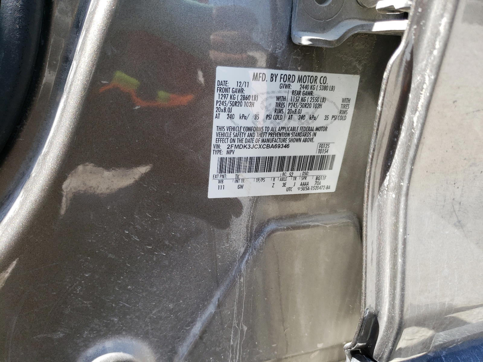 Photo 10 from auction – 2012 FORD EDGE SEL with VIN 2FMDK3JCXCBA69346
