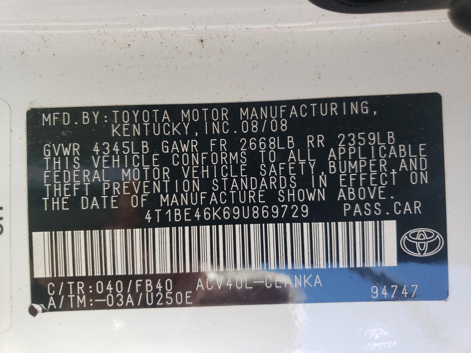 Photo 10 from auction – 2009 TOYOTA CAMRY BASE with VIN 4T1BE46K69U869729