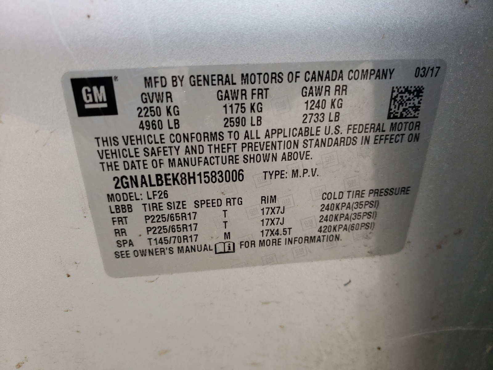 Photo 10 from auction – 2017 CHEVROLET EQUINOX LS with VIN 2GNALBEK8H1583006