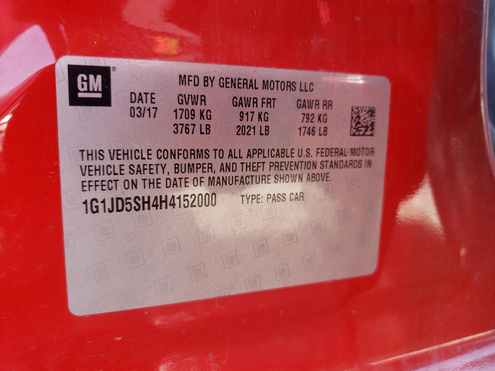 Photo 10 from auction – 2017 CHEVROLET SONIC LT with VIN 1G1JD5SH4H4152000