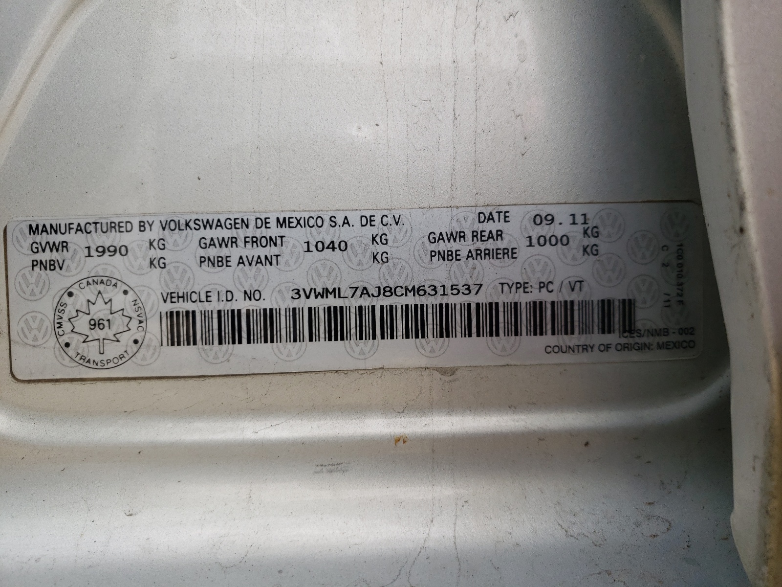 Photo 10 from auction – 2012 VOLKSWAGEN JETTA TDI with VIN 3VWML7AJ8CM631537