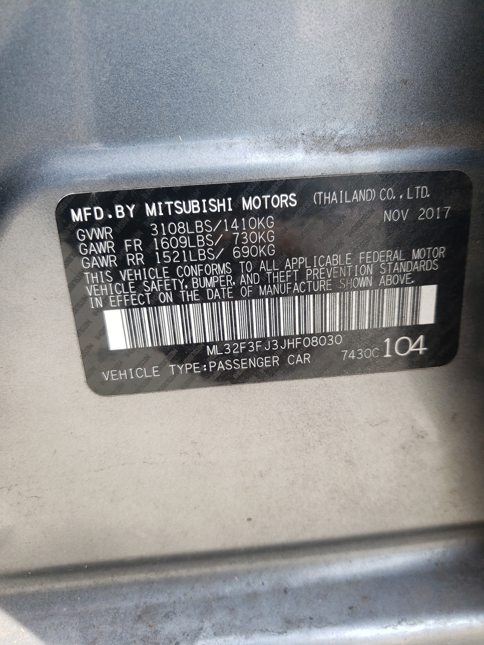 Photo 10 from auction – 2018 MITSUBISHI MIRAGE G4 with VIN ML32F3FJ3JHF08030