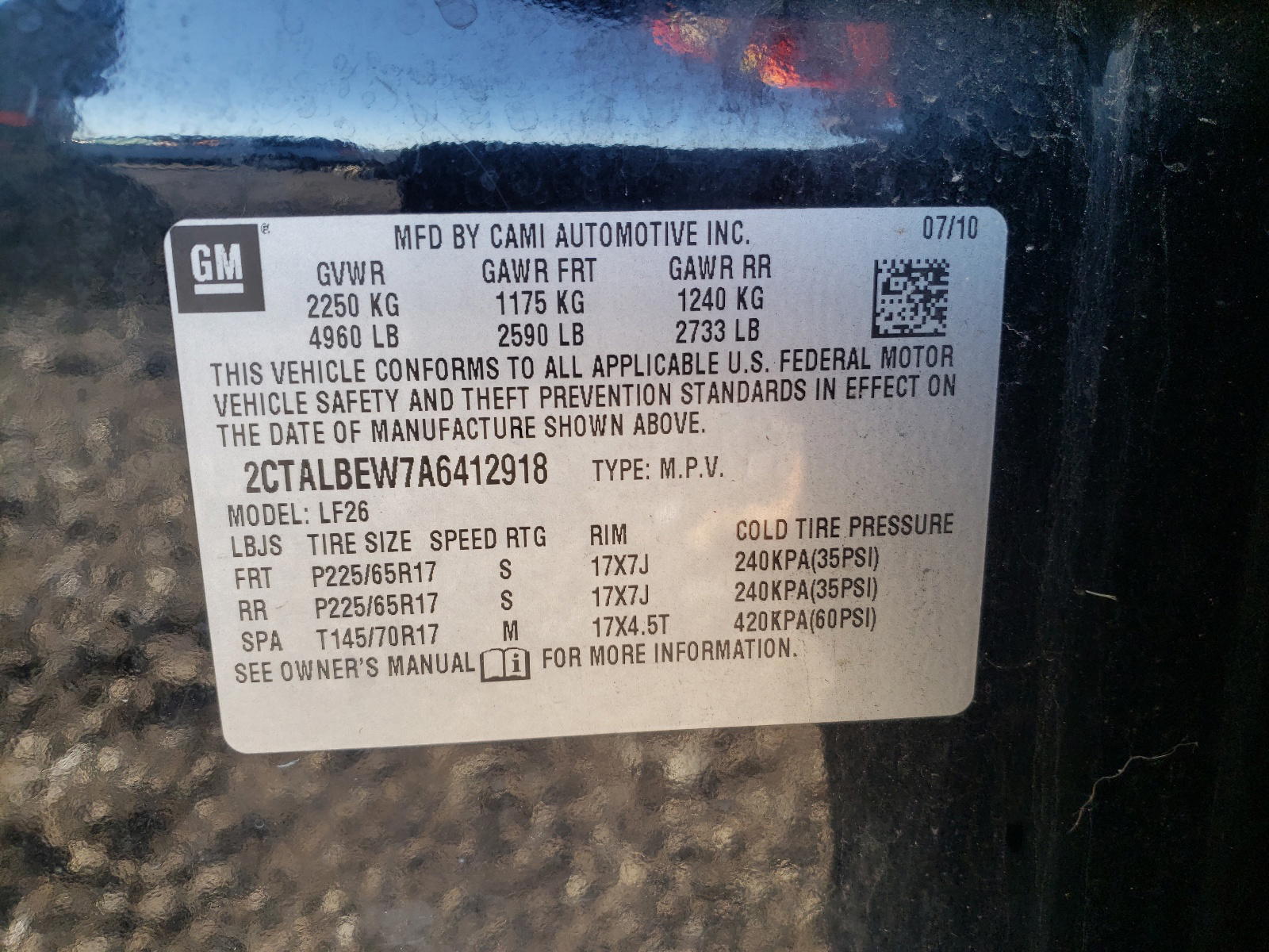 Photo 10 from auction – 2010 GMC TERRAIN SL with VIN 2CTALBEW7A6412918