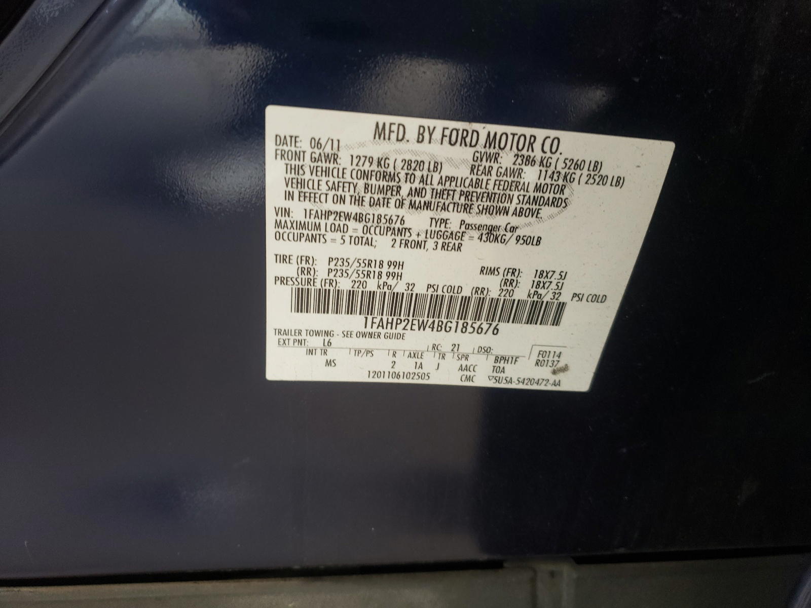 Photo 10 from auction – 2011 FORD TAURUS SEL with VIN 1FAHP2EW4BG185676