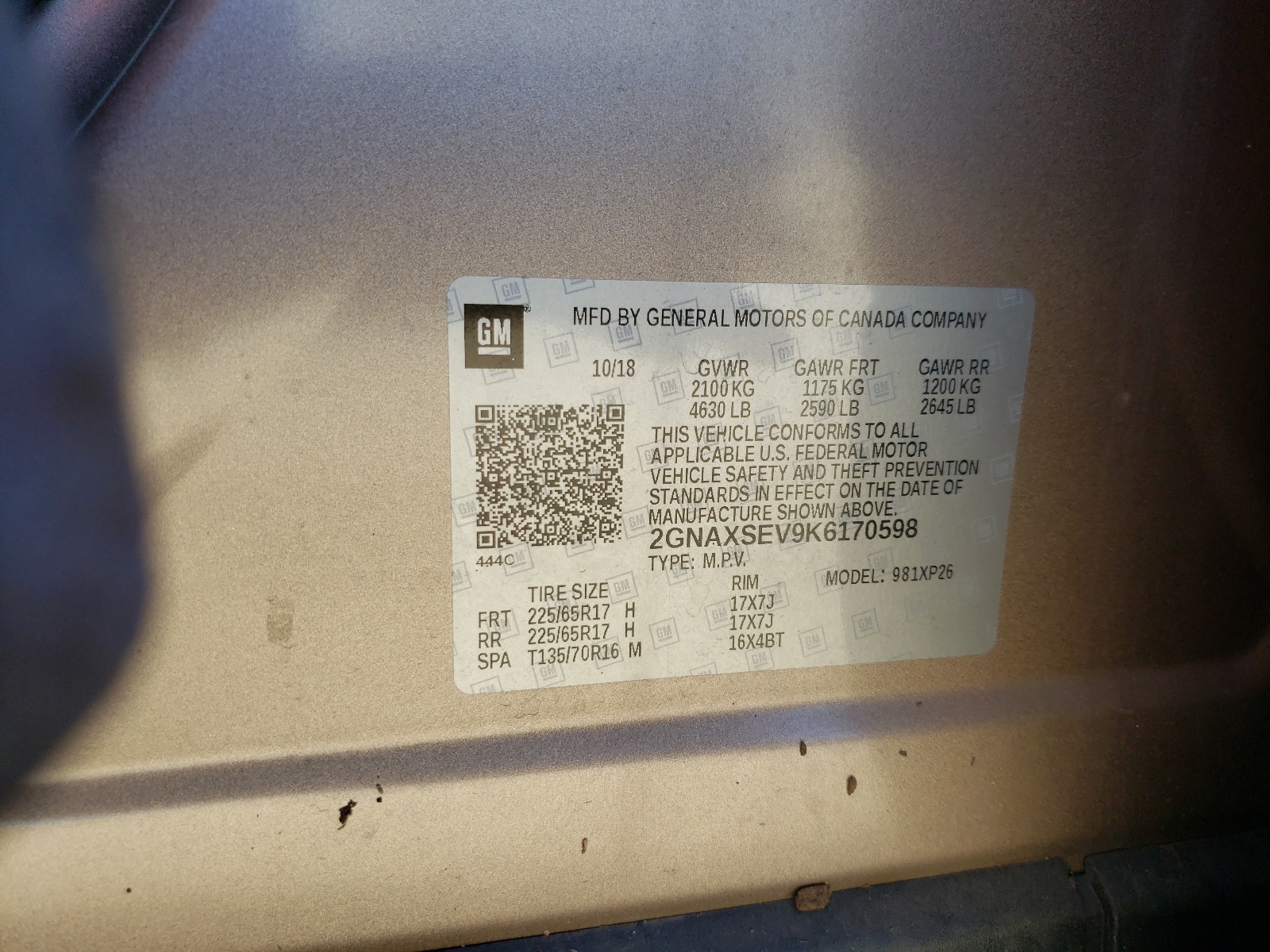 Photo 10 from auction – 2019 CHEVROLET EQUINOX LS with VIN 2GNAXSEV9K6170598