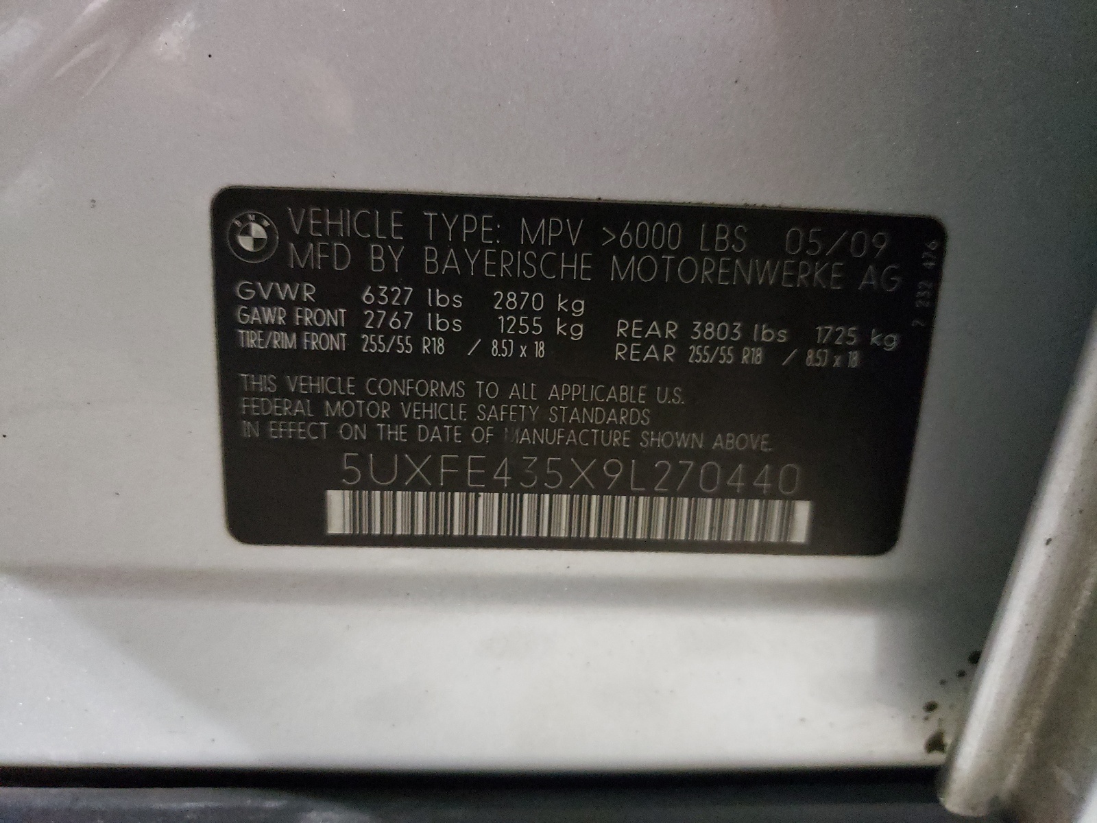 Photo 10 from auction – 2009 BMW X5 XDRIVE3 with VIN 5UXFE435X9L270440