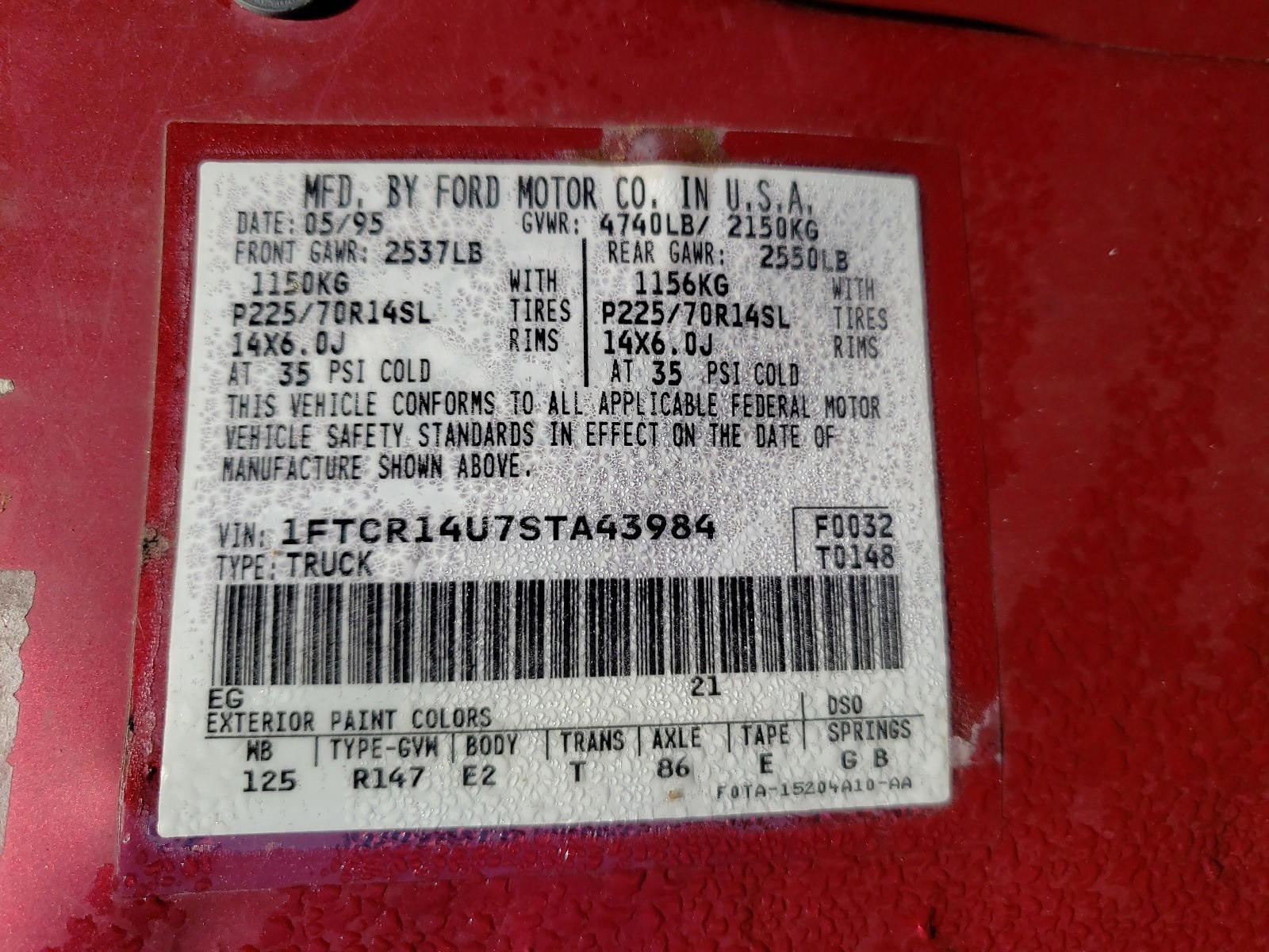 Photo 10 from auction – 1995 FORD RANGER SUP with VIN 1FTCR14U7STA43984