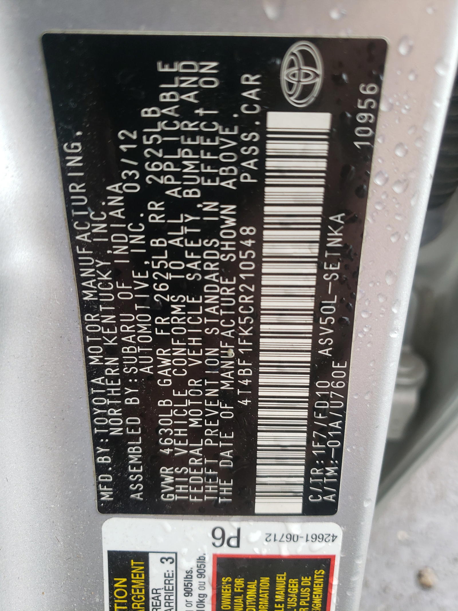Photo 10 from auction – 2012 TOYOTA CAMRY BASE with VIN 4T4BF1FK5CR210548