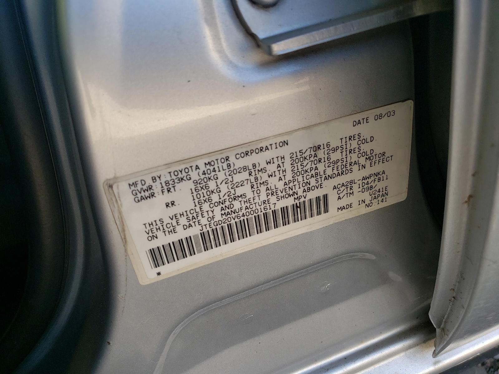 Photo 10 from auction – 2004 TOYOTA RAV4 with VIN JTEGD20V640001617