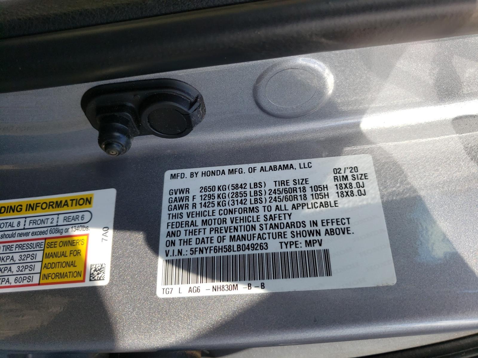 Photo 10 from auction – 2020 HONDA PILOT EXL with VIN 5FNYF6H58LB049263