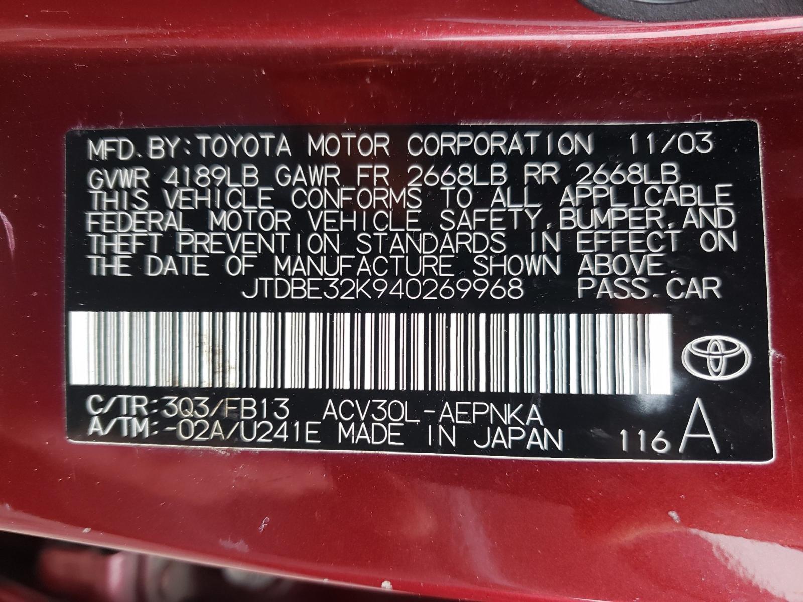 Photo 10 from auction – 2004 TOYOTA CAMRY LE with VIN JTDBE32K940269968