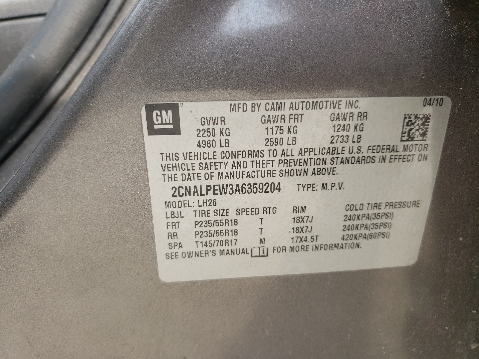 Photo 10 from auction – 2010 CHEVROLET EQUINOX LT with VIN 2CNALPEW3A6359204