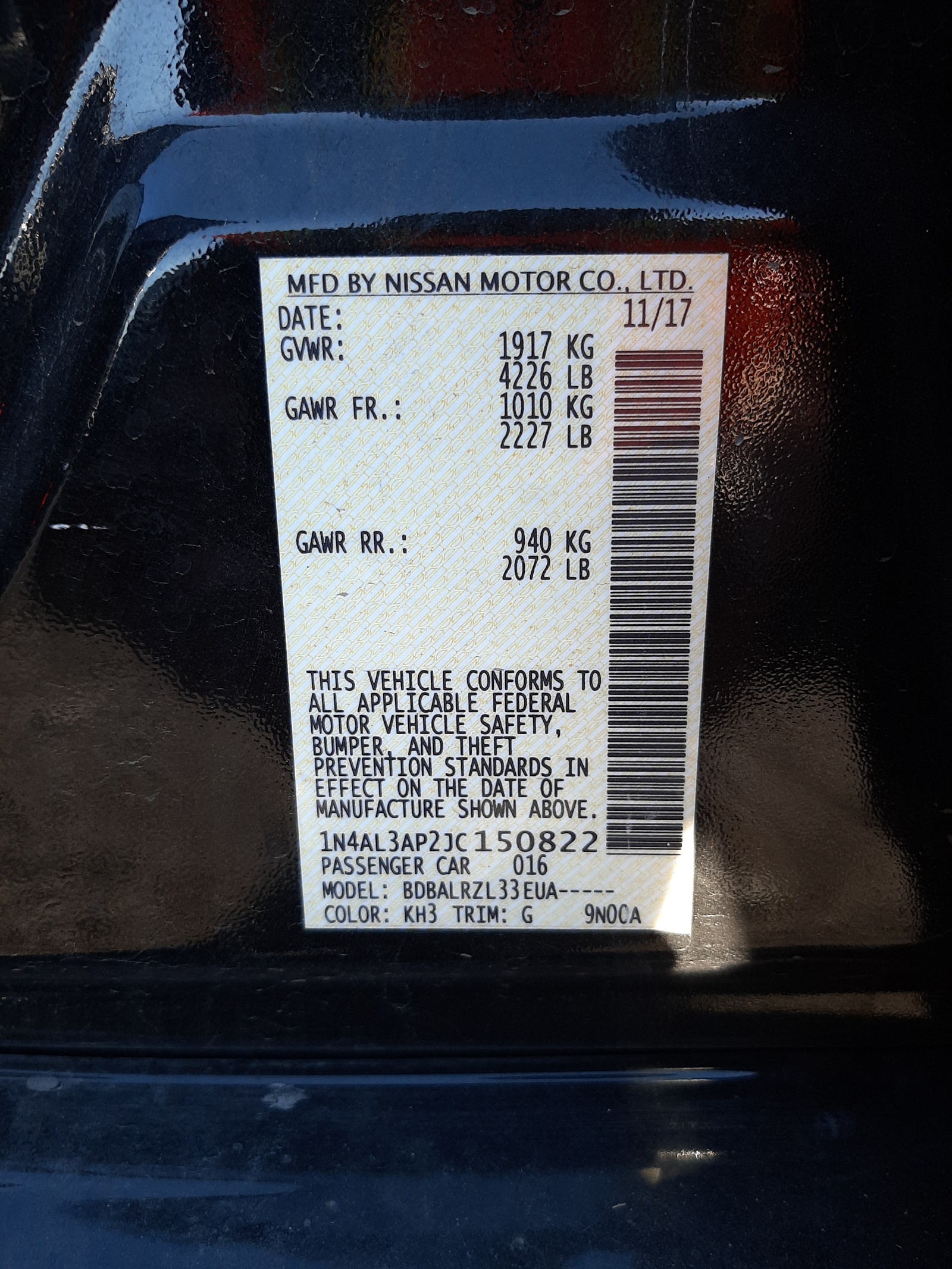 Photo 10 from auction – 2018 NISSAN ALTIMA 2.5 with VIN 1N4AL3AP2JC150822