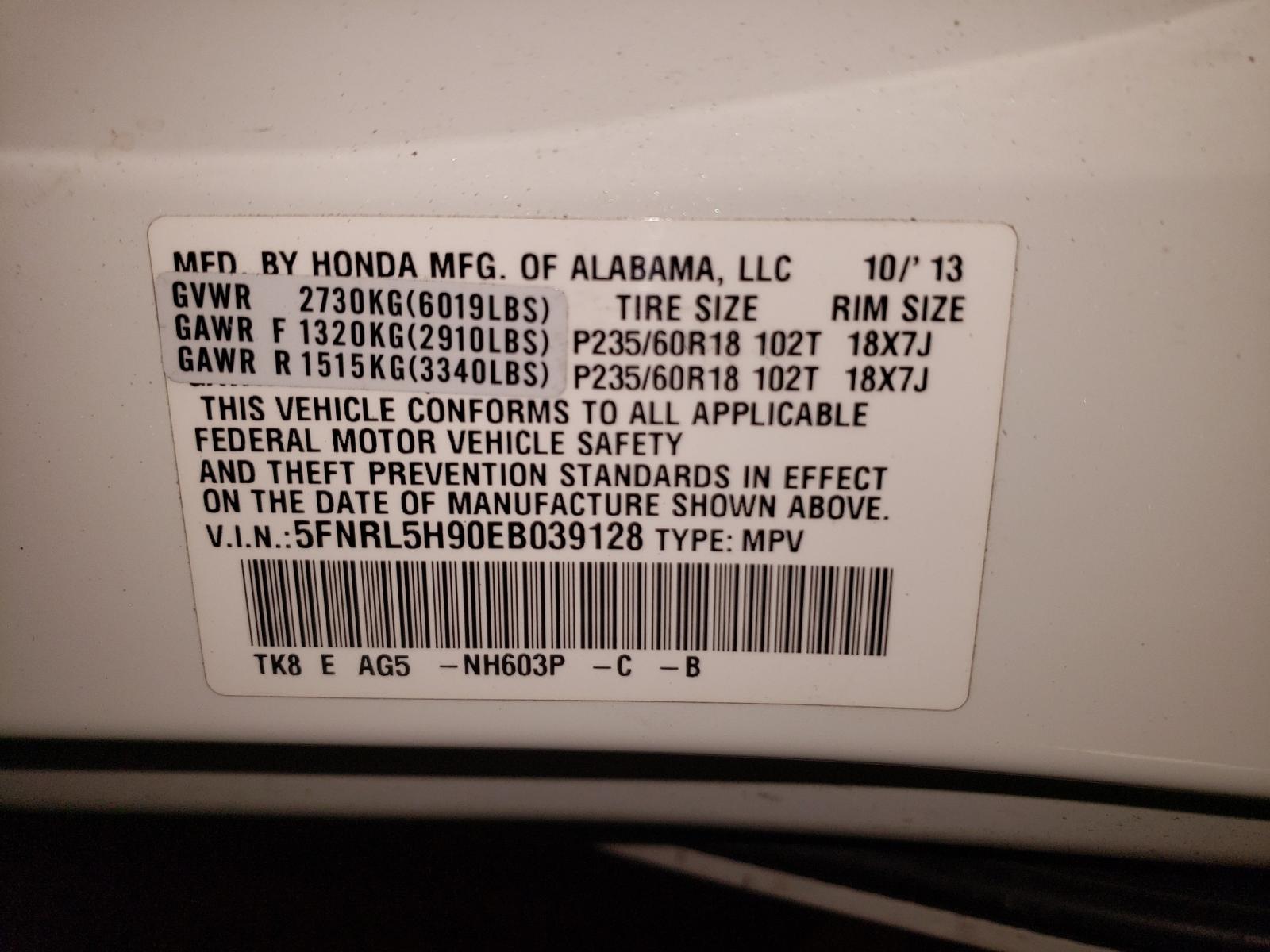 Photo 10 from auction – 2014 HONDA ODYSSEY TO with VIN 5FNRL5H90EB039128