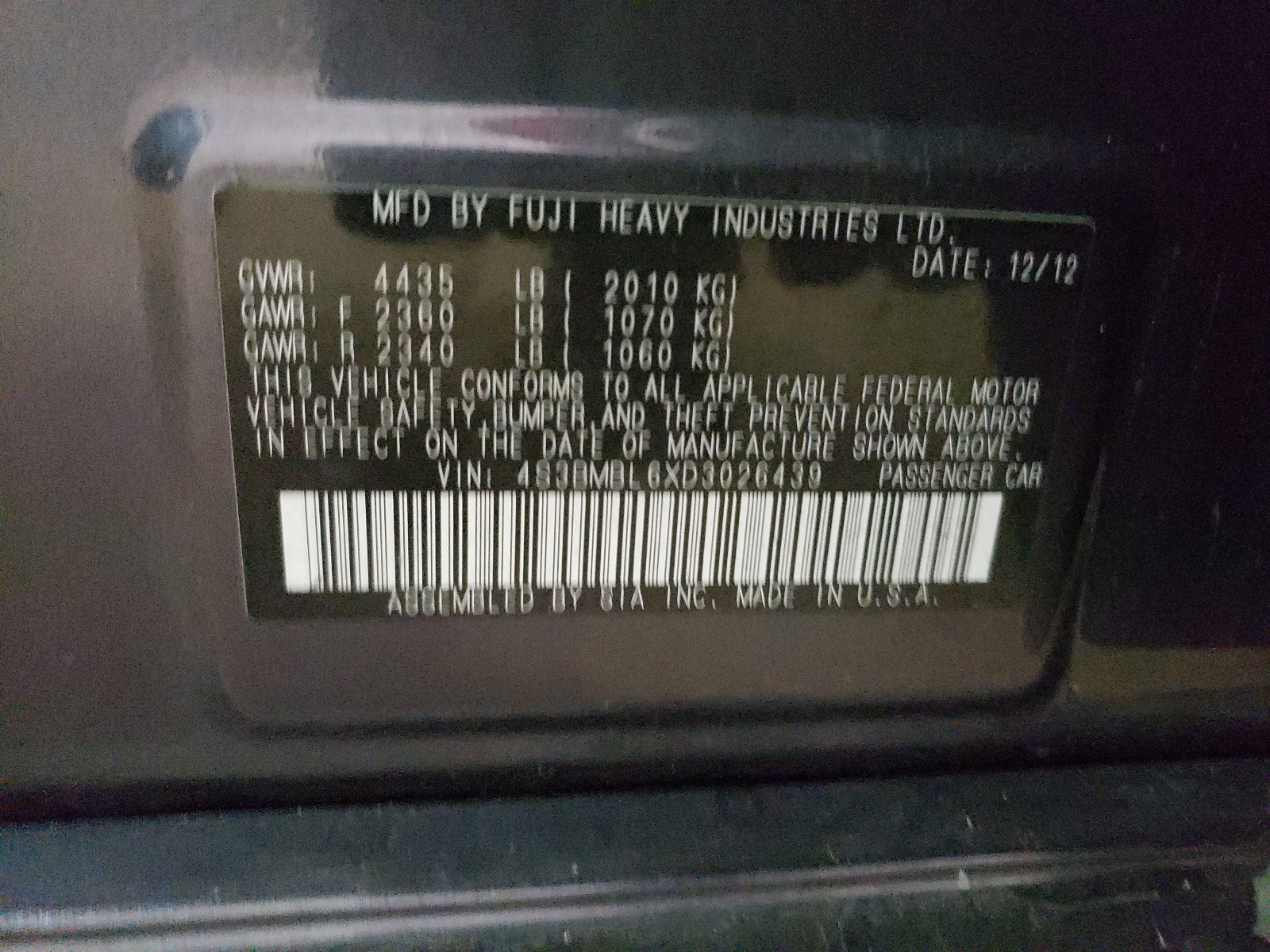 Photo 10 from auction – 2013 SUBARU LEGACY 2.5 with VIN 4S3BMBL6XD3026439