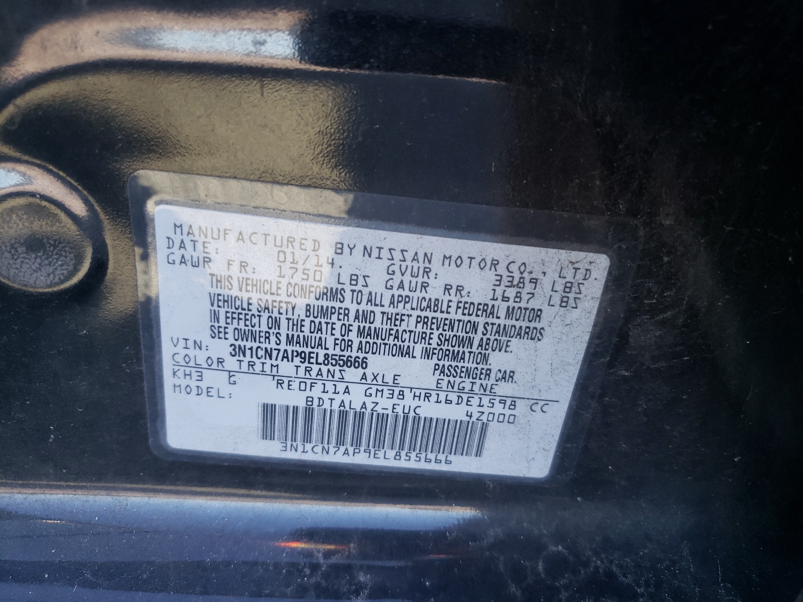 Photo 10 from auction – 2014 NISSAN VERSA S with VIN 3N1CN7AP9EL855666