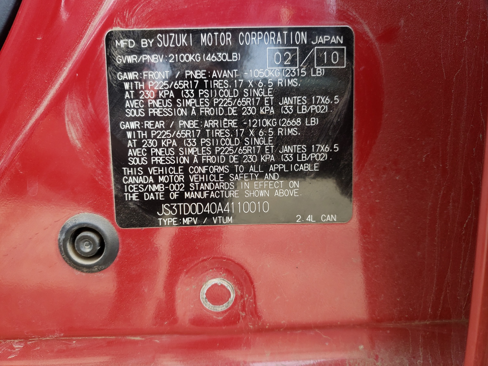 Photo 10 from auction – 2010 SUZUKI GRAND VITA with VIN JS3TD0D40A4110010