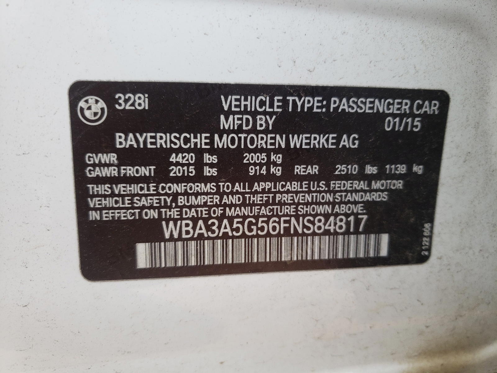 Photo 10 from auction – 2015 BMW 328 I with VIN WBA3A5G56FNS84817
