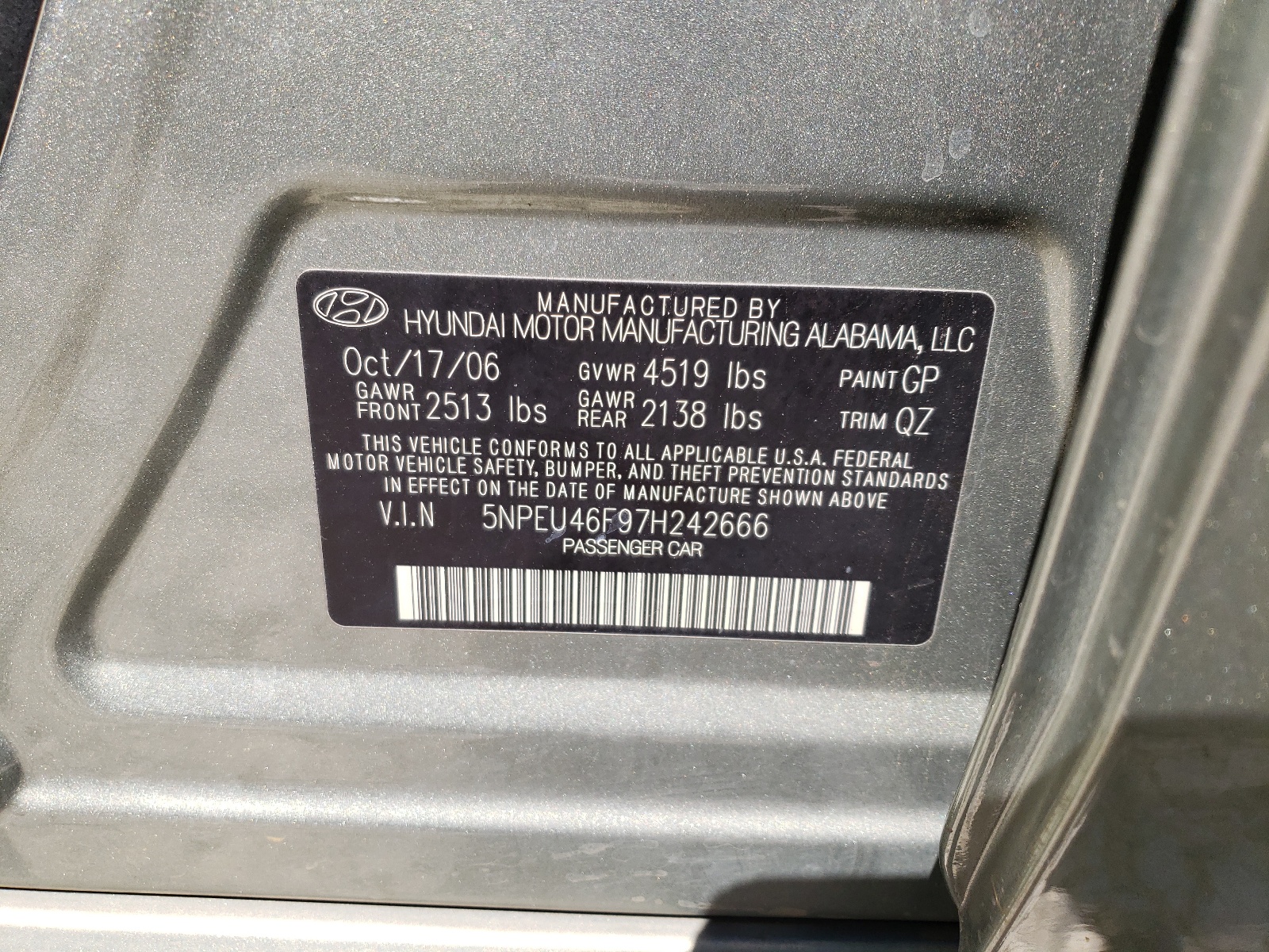 Photo 10 from auction – 2007 HYUNDAI SONATA SE with VIN 5NPEU46F97H242666
