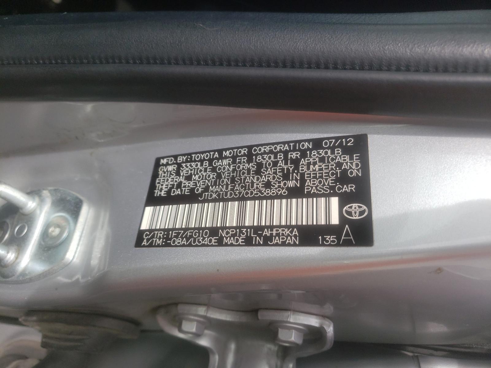 Photo 10 from auction – 2012 TOYOTA YARIS with VIN JTDKTUD37CD538896