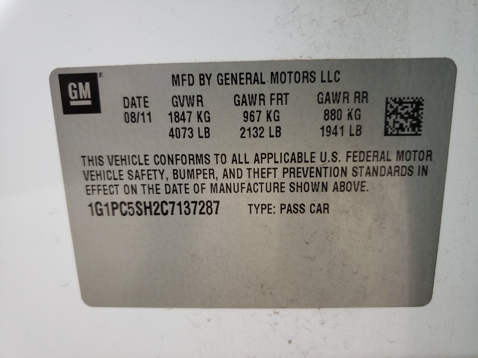 Photo 10 from auction – 2012 CHEVROLET CRUZE LS with VIN 1G1PC5SH2C7137287