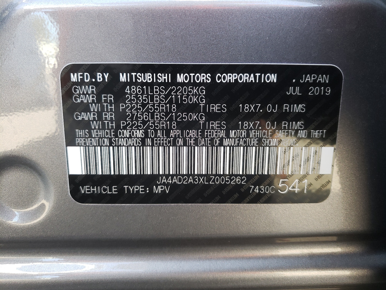 Photo 10 from auction – 2020 MITSUBISHI OUTLANDER with VIN JA4AD2A3XLZ005262