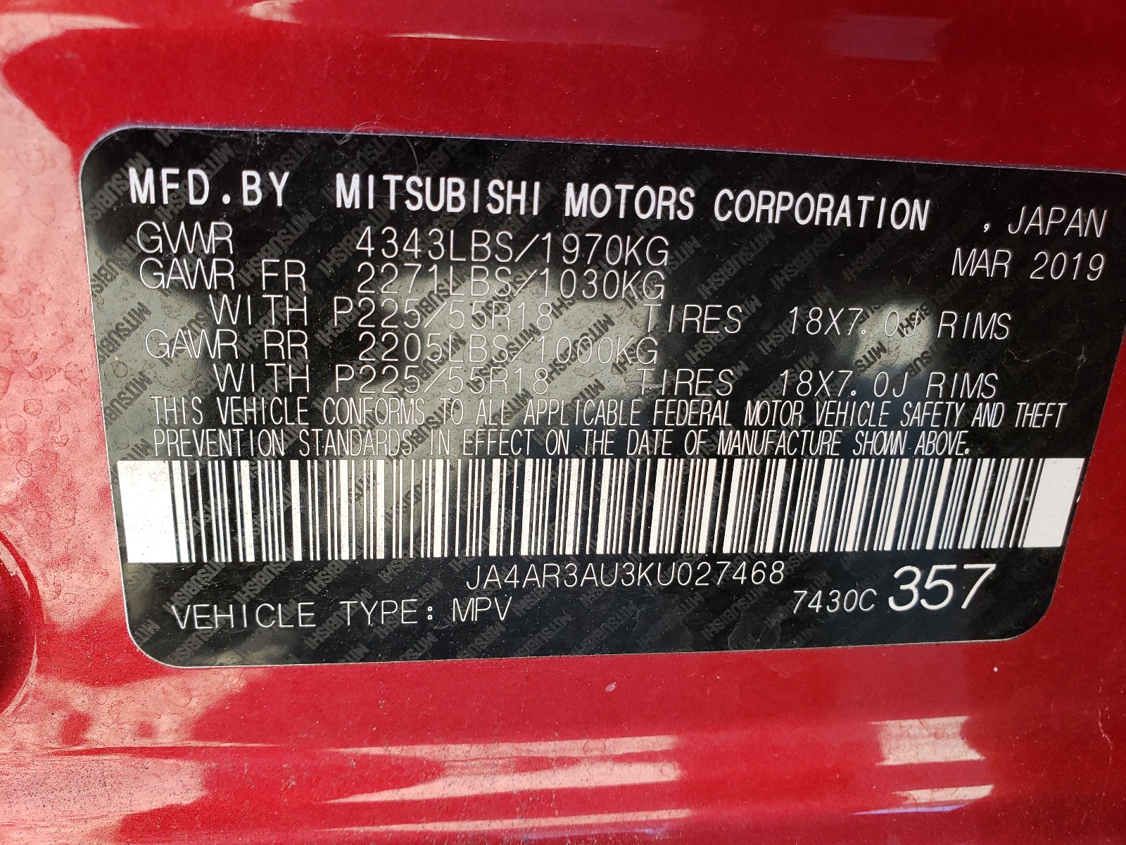 Photo 10 from auction – 2019 MITSUBISHI OUTLANDER with VIN JA4AR3AU3KU027468