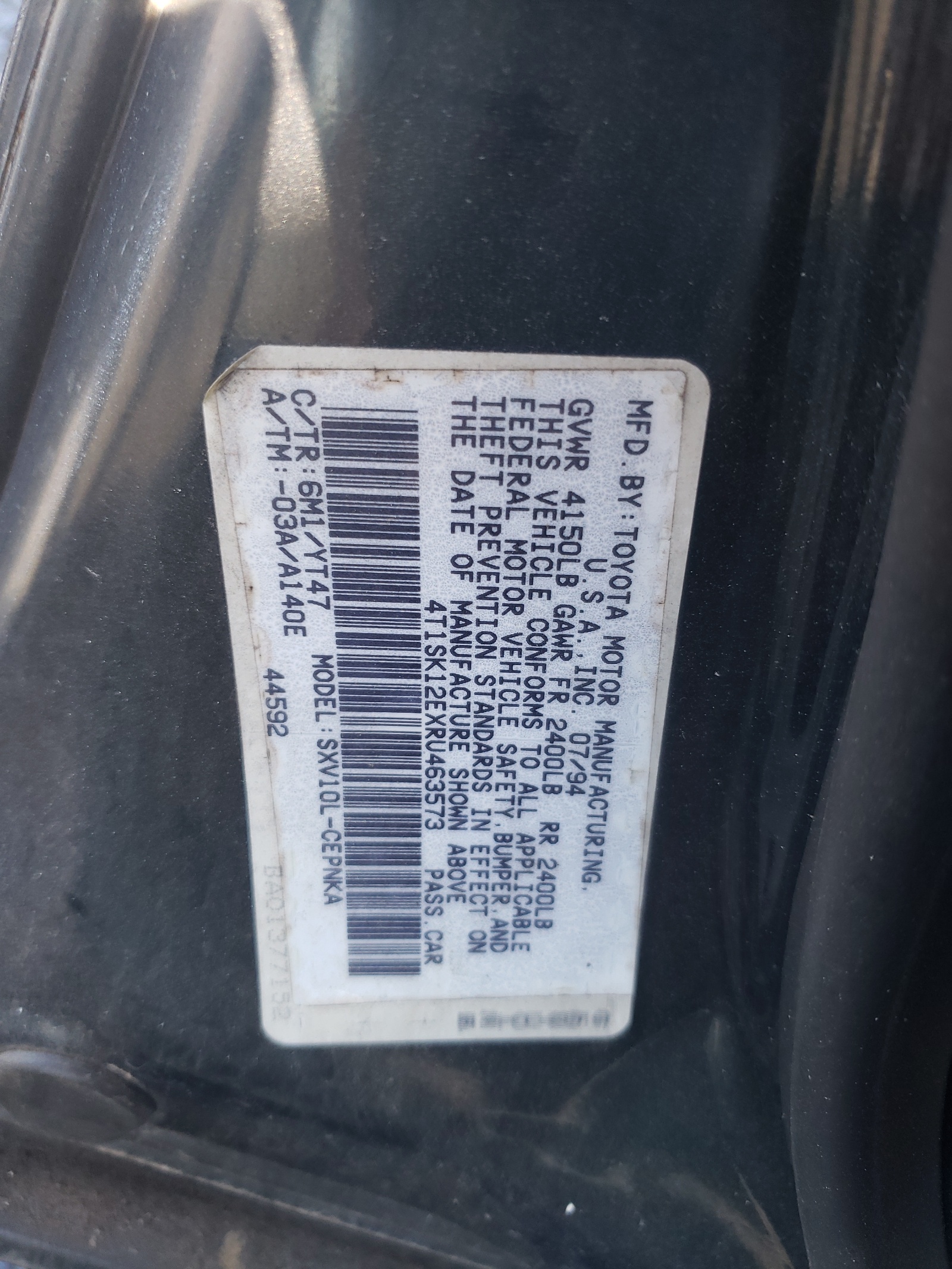 Photo 10 from auction – 1994 TOYOTA CAMRY with VIN 4T1SK12EXRU463573