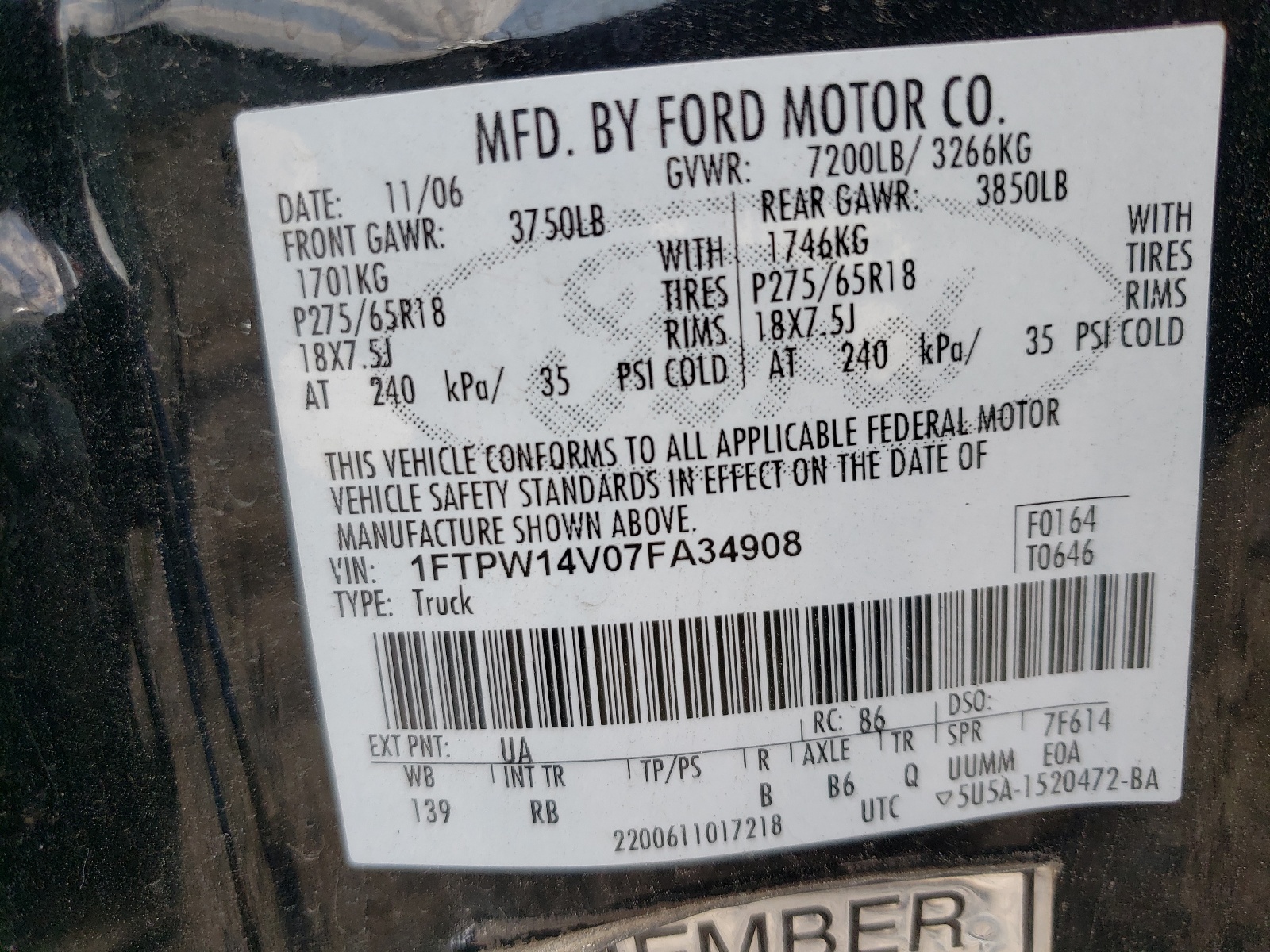 Photo 10 from auction – 2007 FORD F150 SUPER with VIN 1FTPW14V07FA34908