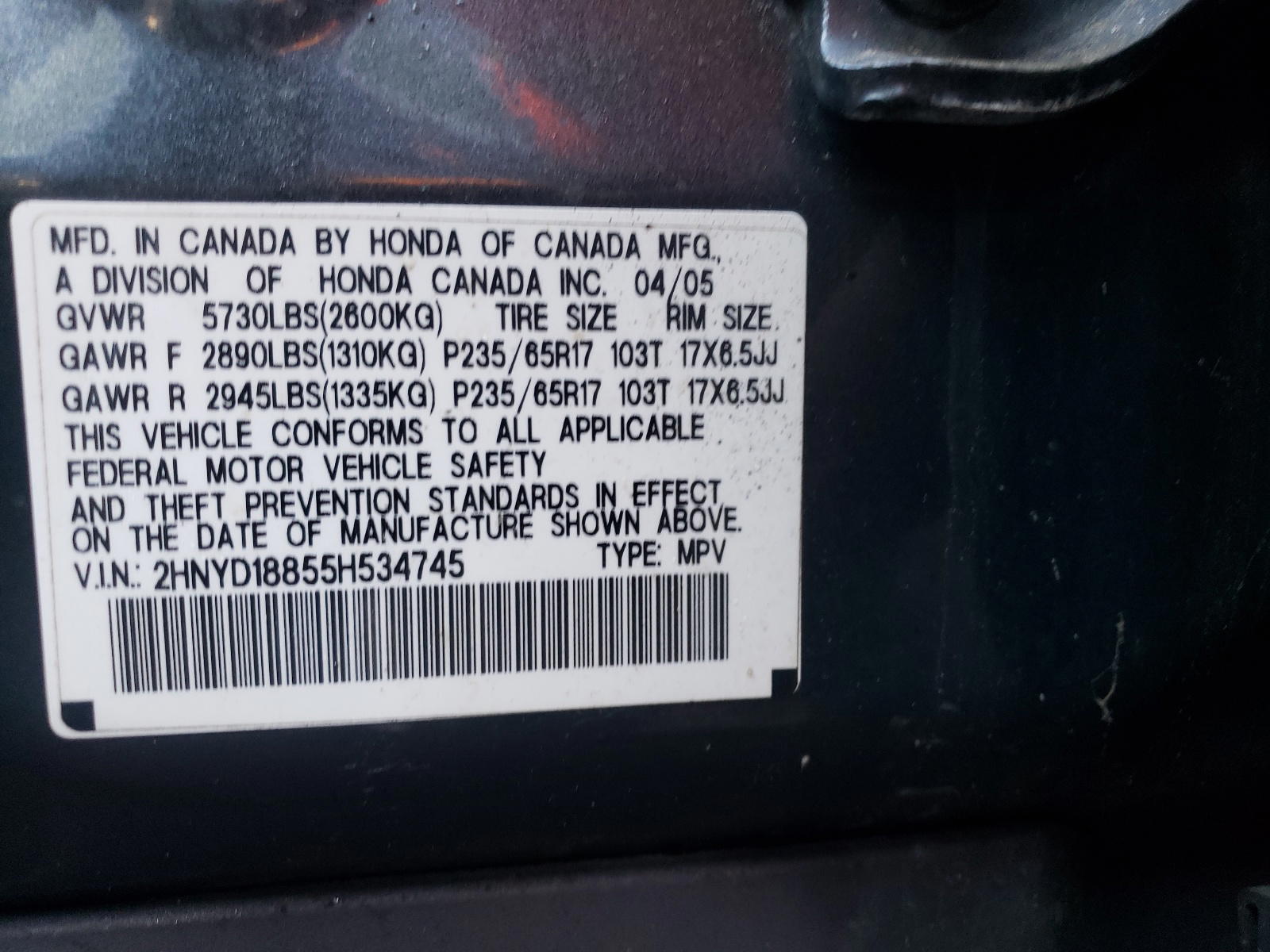 Photo 10 from auction – 2005 ACURA MDX with VIN 2HNYD18855H534745