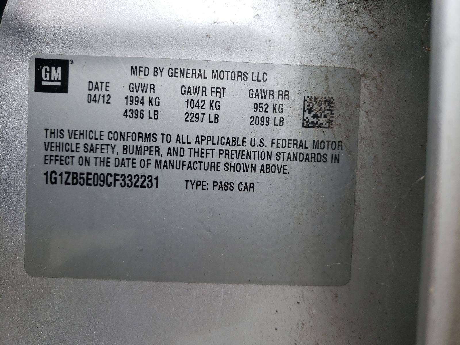 Foto 10 de la subasta – 2012 CHEVROLET MALIBU con VIN 1G1ZB5E09CF332231