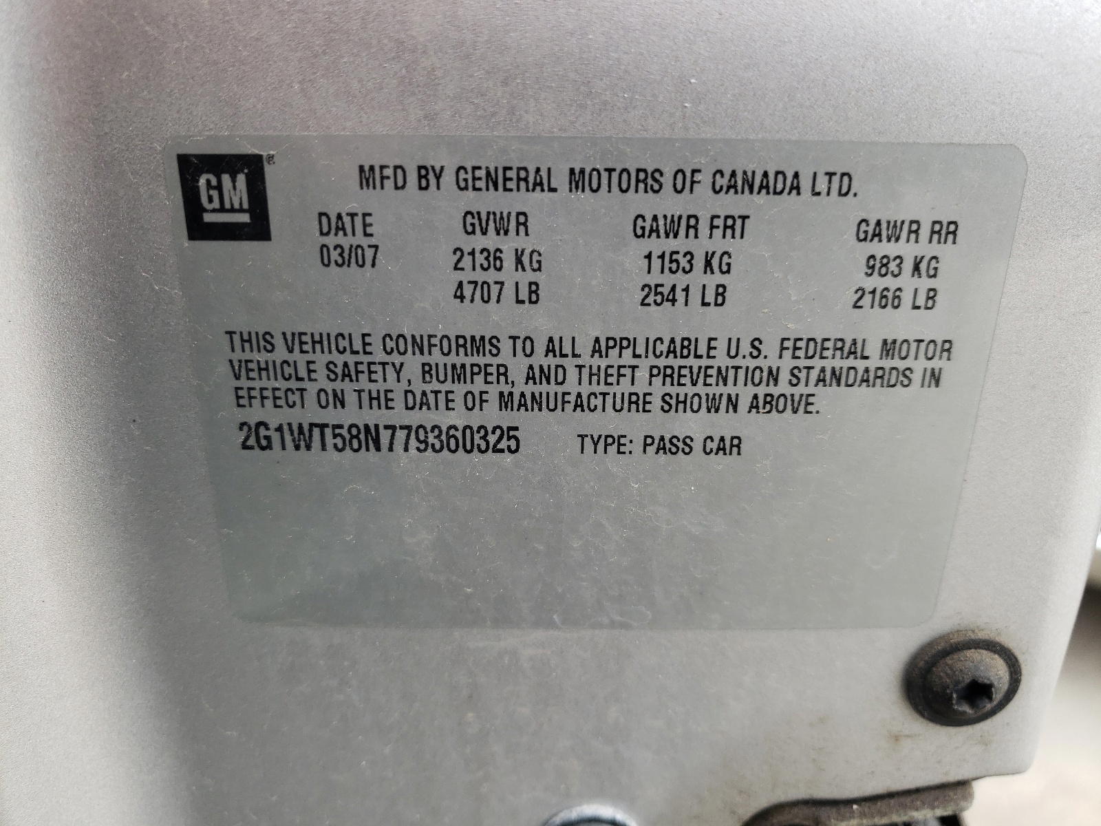 Photo 10 from auction – 2007 CHEVROLET IMPALA LT with VIN 2G1WT58N779360325