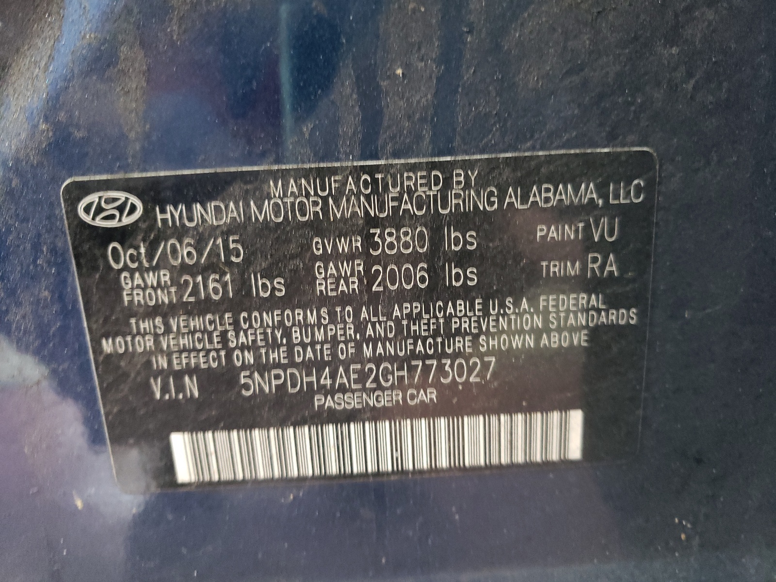 Photo 10 from auction – 2016 HYUNDAI ELANTRA SE with VIN 5NPDH4AE2GH773027