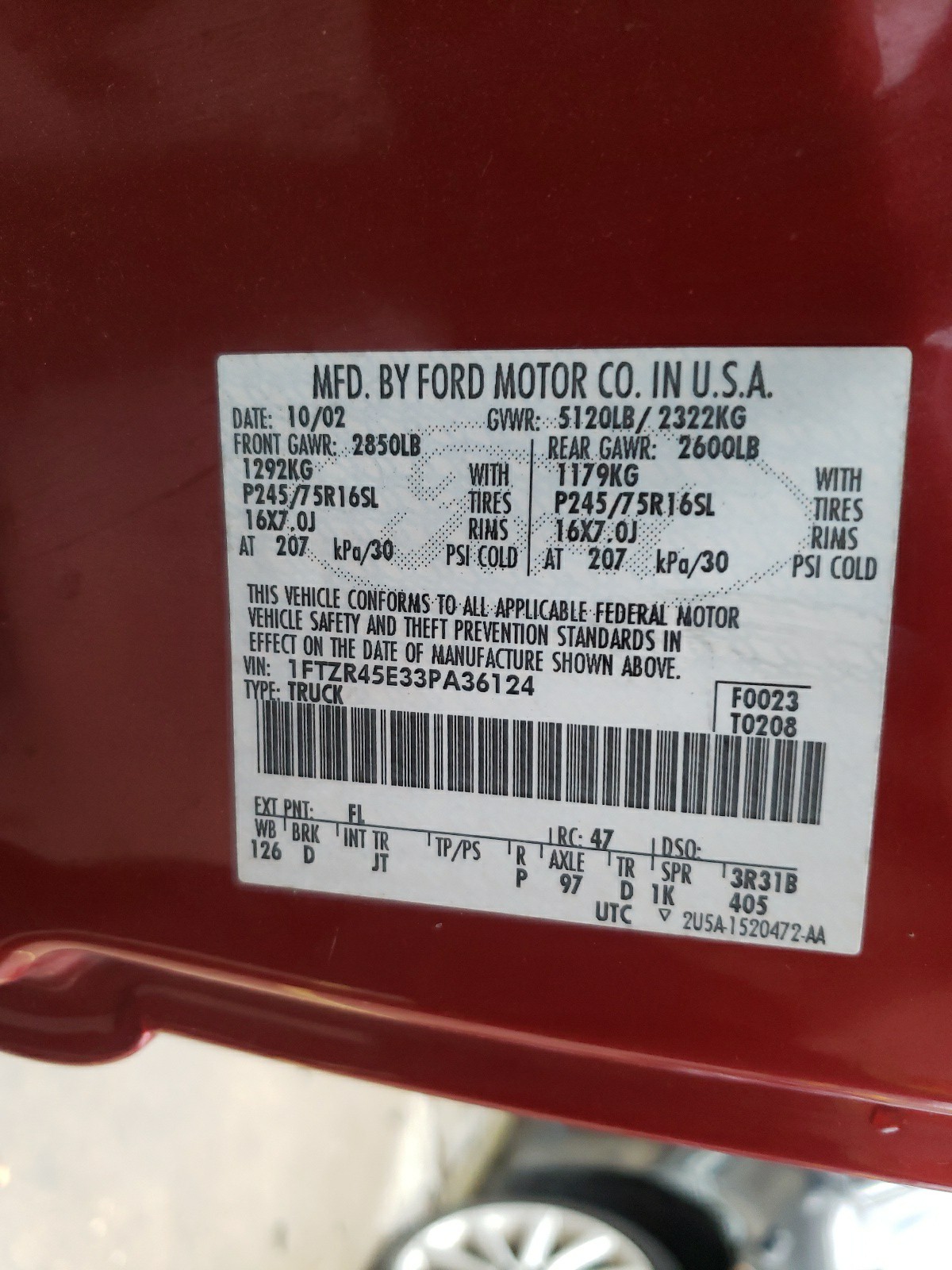Photo 10 from auction – 2003 FORD RANGER SUP with VIN 1FTZR45E33PA36124