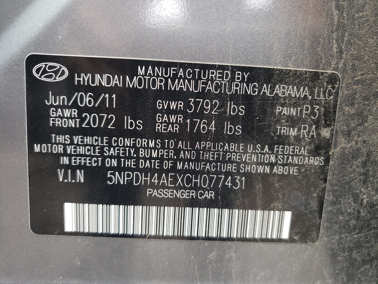 Photo 10 from auction – 2012 HYUNDAI ELANTRA GL with VIN 5NPDH4AEXCH077431
