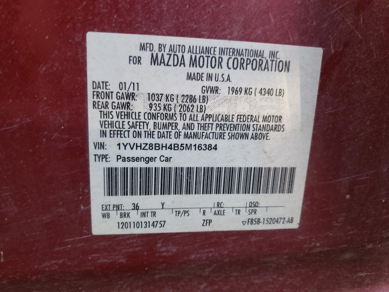 Photo 10 from auction – 2011 MAZDA 6 I with VIN 1YVHZ8BH4B5M16384