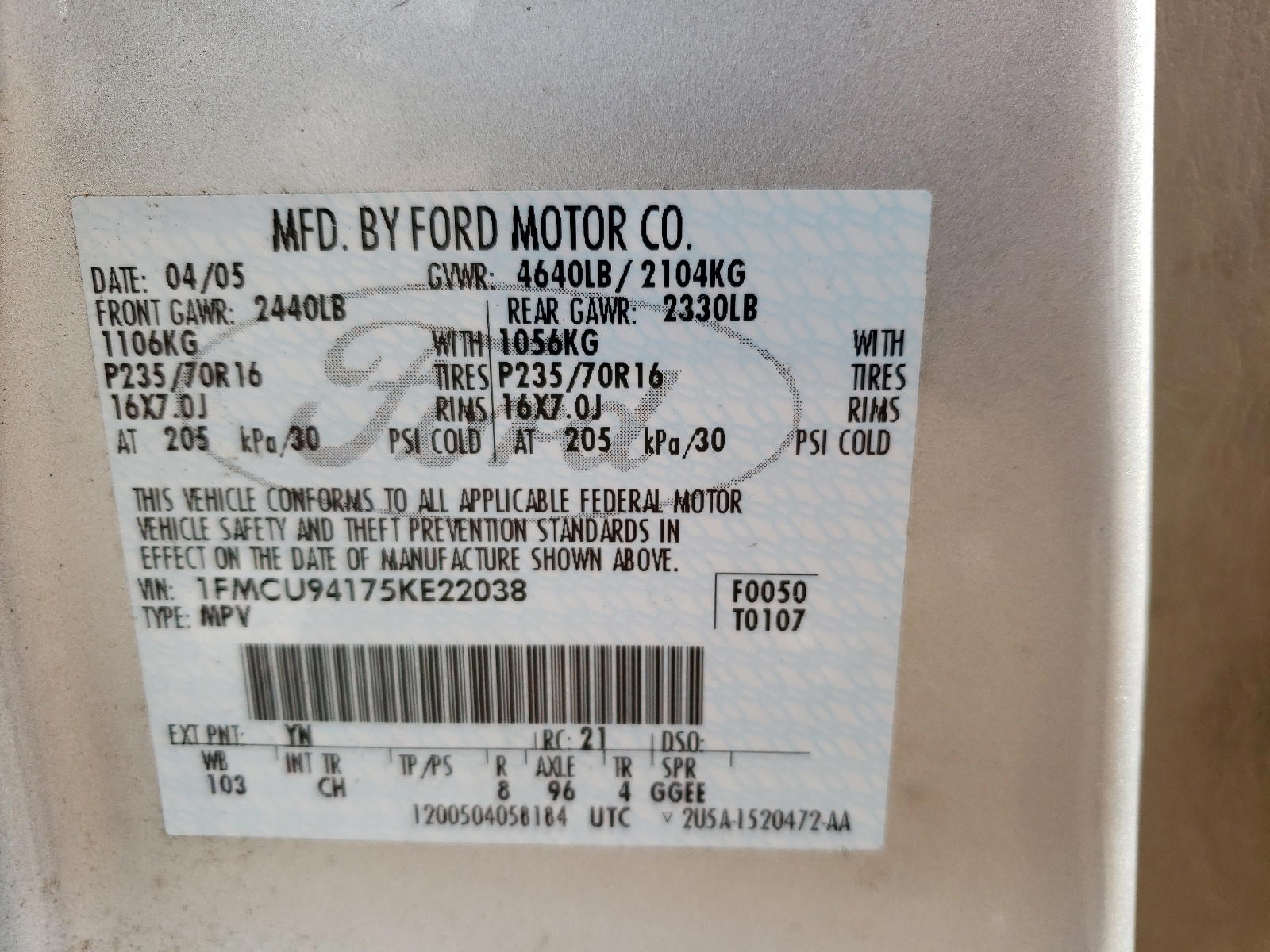 Photo 10 from auction – 2005 FORD ESCAPE with VIN 1FMCU94175KE22038