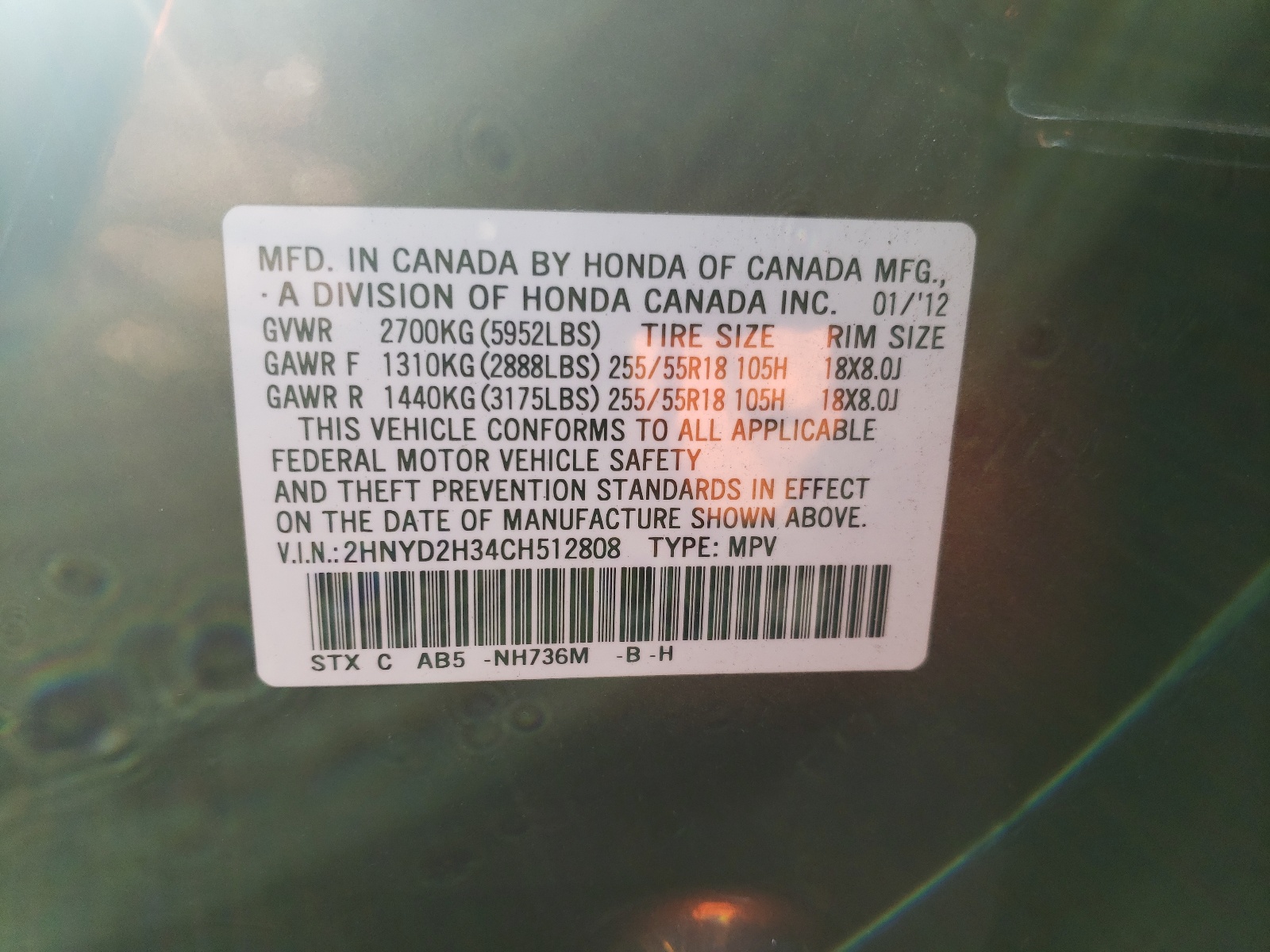 Foto 10 de la subasta – 2012 ACURA MDX TECHNO con VIN 2HNYD2H34CH512808