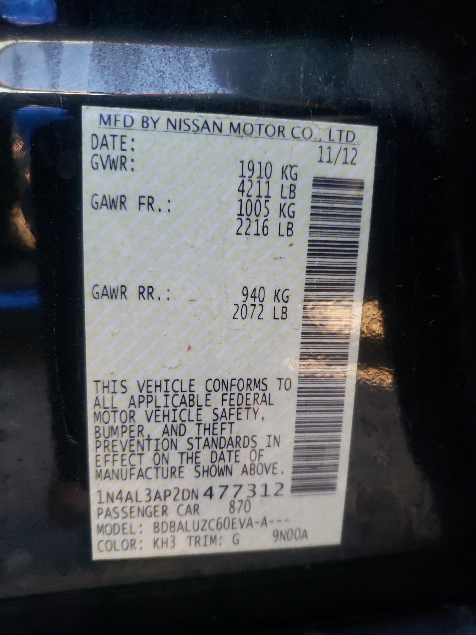 Photo 10 from auction – 2013 NISSAN ALTIMA 2.5 with VIN 1N4AL3AP2DN477312