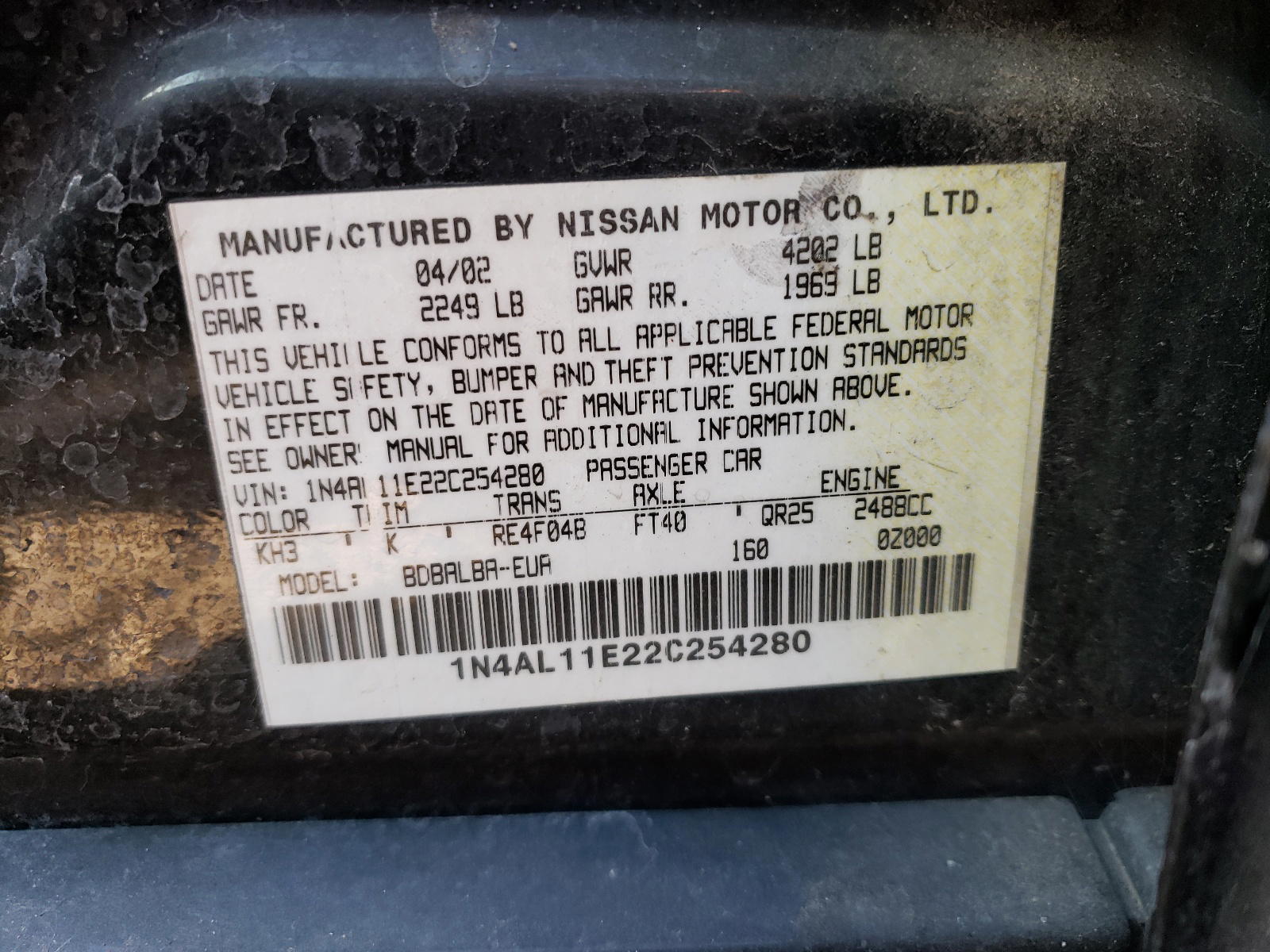 Photo 10 from auction – 2002 NISSAN ALTIMA BAS with VIN 1N4AL11E22C254280