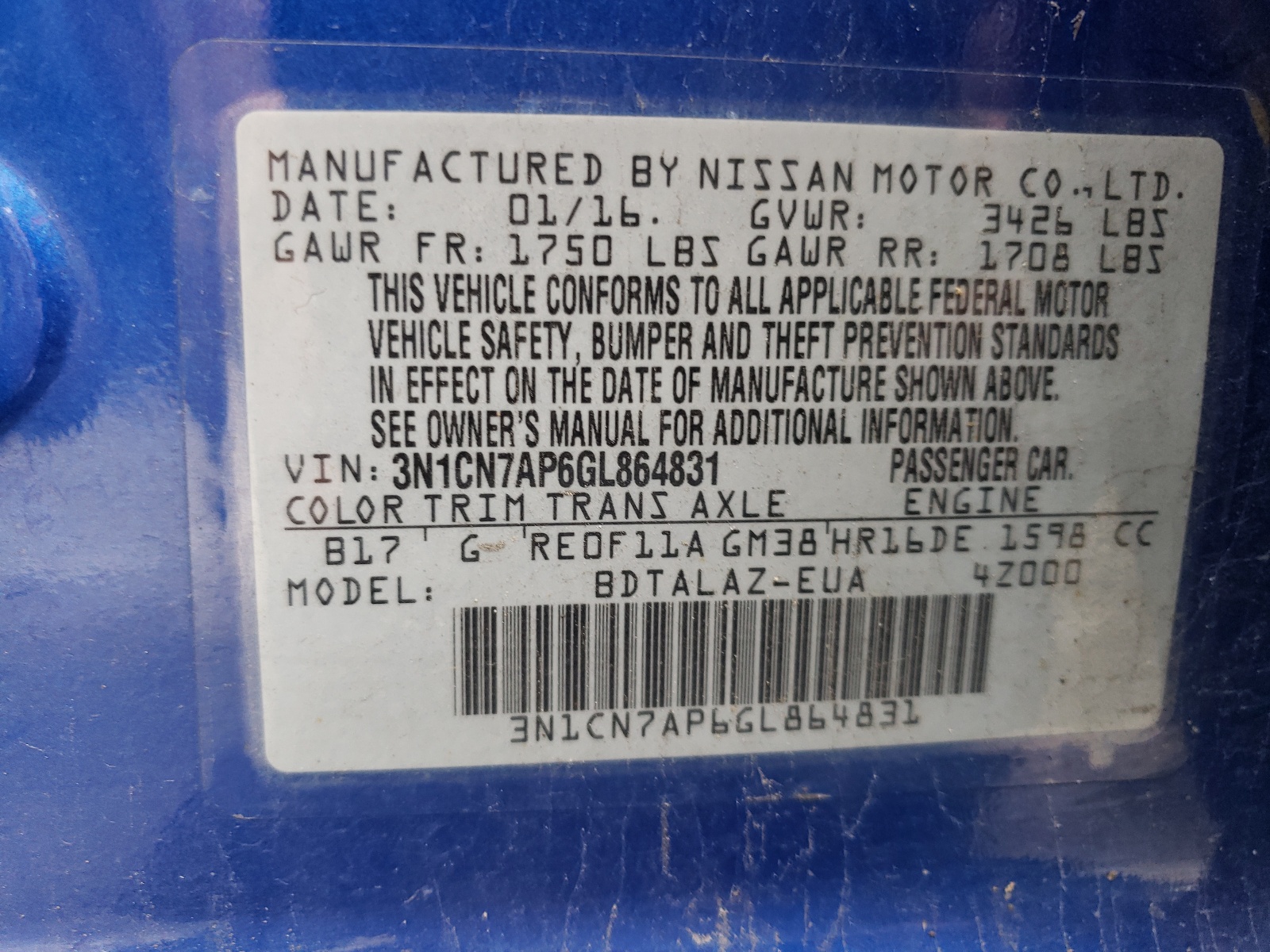 Photo 10 from auction – 2016 NISSAN VERSA S with VIN 3N1CN7AP6GL864831