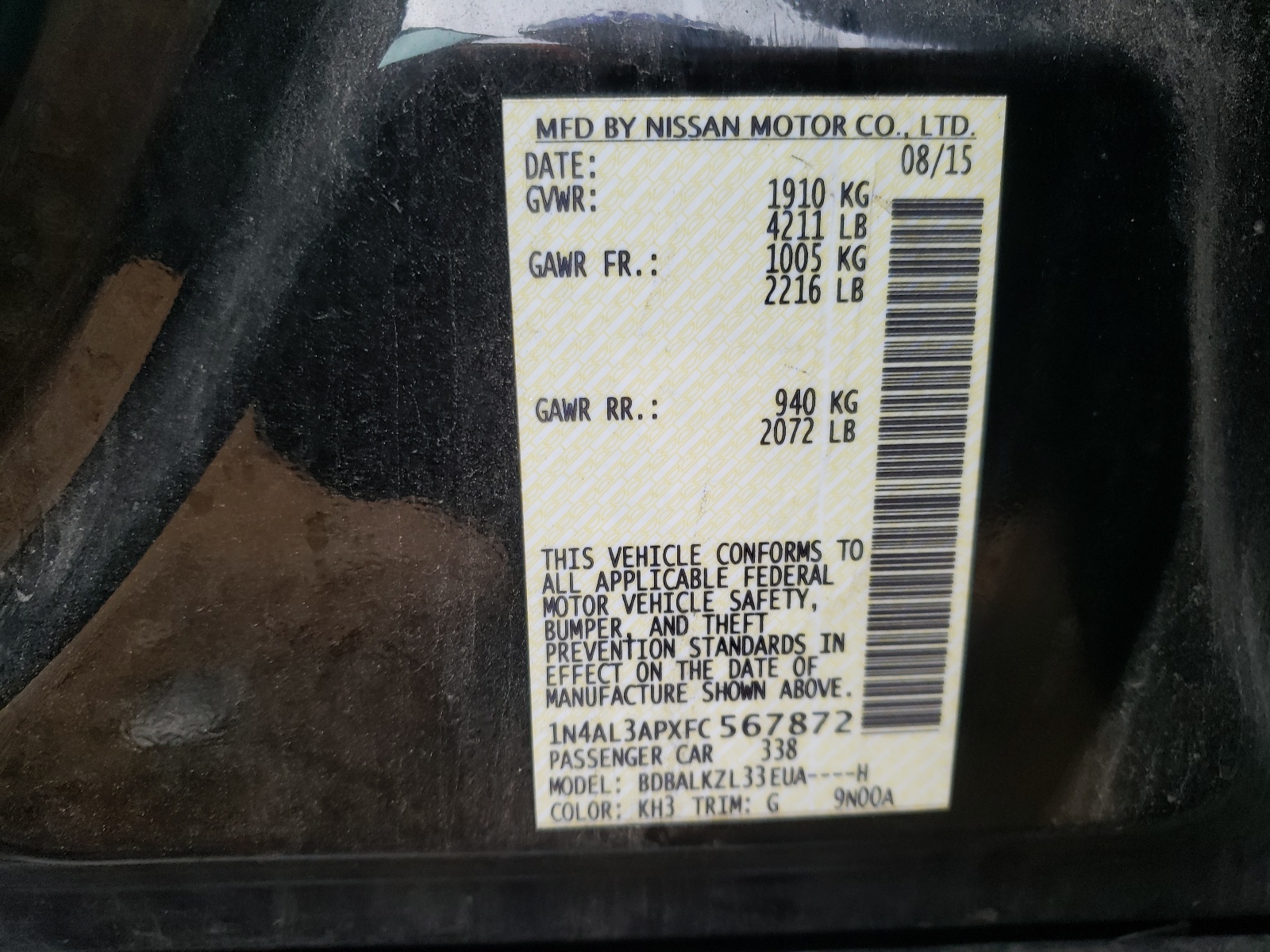 Photo 10 from auction – 2015 NISSAN ALTIMA 2.5 with VIN 1N4AL3APXFC567872