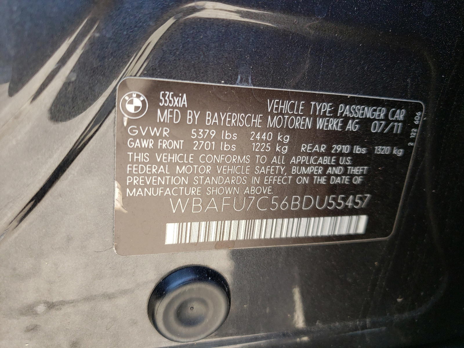 Photo 10 from auction – 2011 BMW 535 XI with VIN WBAFU7C56BDU55457