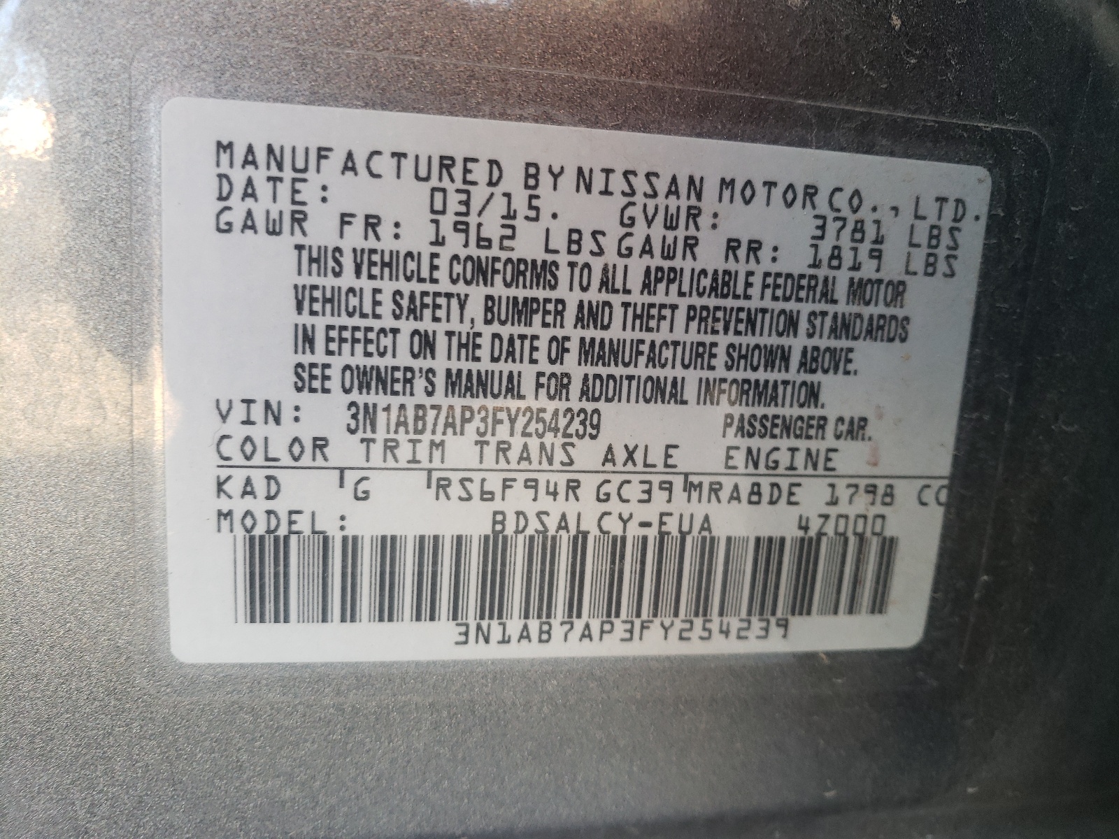 Photo 10 from auction – 2015 NISSAN SENTRA S with VIN 3N1AB7AP3FY254239